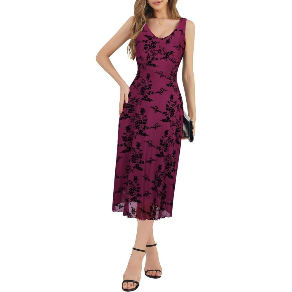 Women's Magenta V Neck Sleeveless Mesh Maxi Dress Casual Elegant Long Floral - Picture 4 of 5